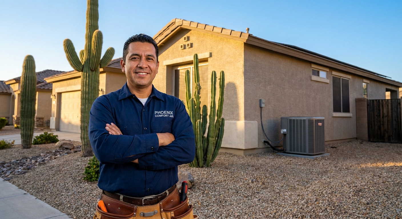 Oscar, owner of All Area A/C & Heating, standing confidently in front of a Phoenix home with his service truck