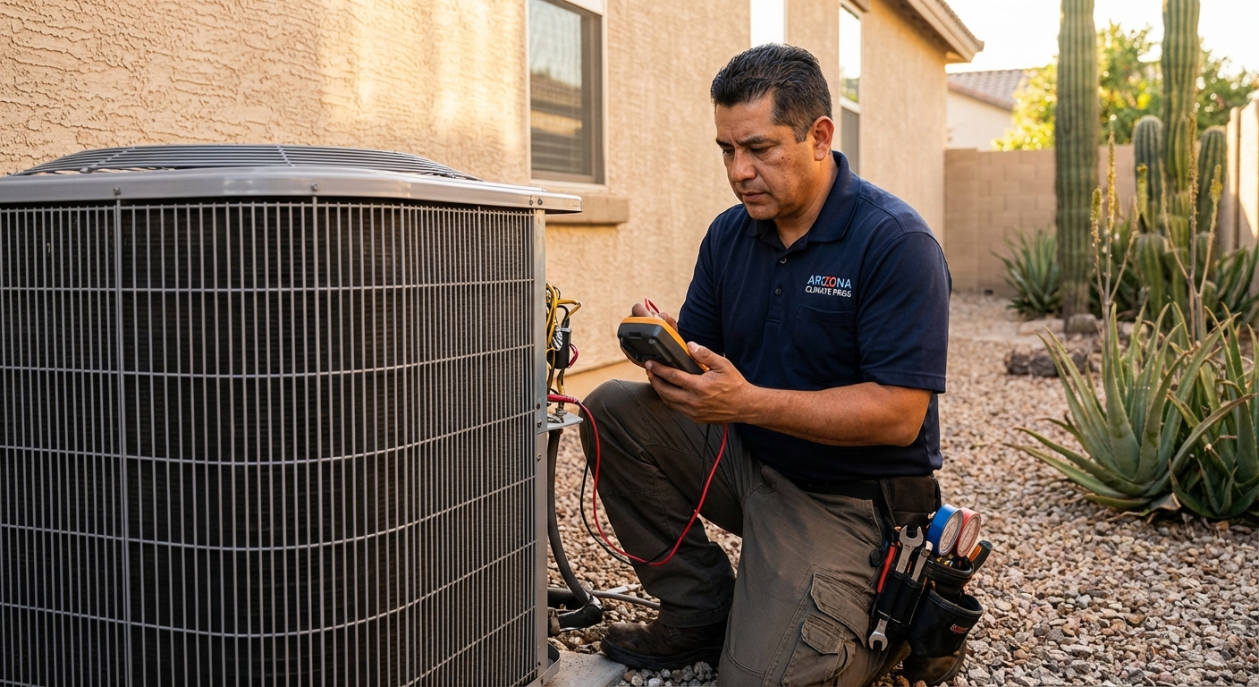 Oscar Zeballos kneeling beside an AC condenser unit, diagnosing the system with professional tools